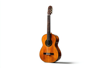 Obraz premium Classic wooden acoustic guitar, light orange-brown hue, against white backdrop