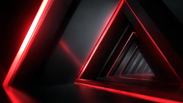 red black triangle tunnel sleek metallic wall with neon light glowing abstract background, futuristic and technology theme 