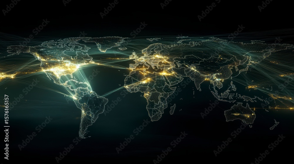 Poster global network connections visualized on a dark world map with glowing lines illustrating data flow 