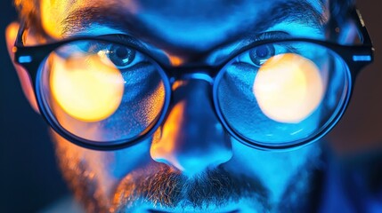 A man wearing glasses, looking at a computer screen with a blue and orange light reflection.