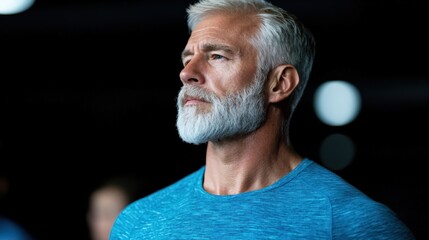A confident older man with white hair and beard looks thoughtfully into the distance, wearing a blue athletic shirt against a dark background.
