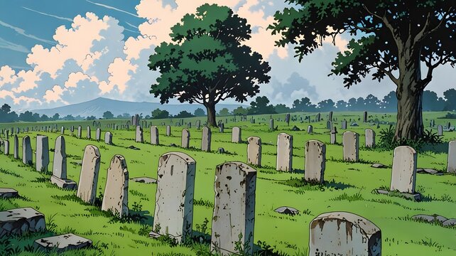 Silent Battlefield Landscape: A wide, tranquil grassland marked by uniform rows of weathered stone gravestones stretching to the horizon. In the distance, the faint remains of ancient, crumbling forti