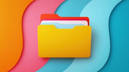 Colorful folders on vibrant wavy backgrounds, representing organization and creativity in a workspace setting.