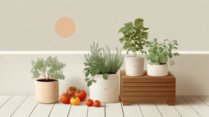 Fresh herbs and ripe tomatoes arranged beautifully on a wooden surface against a minimalist background