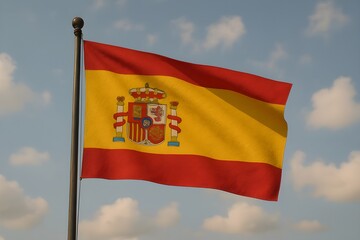 Spanish Flag Fluttering Under Cloudy Sky – Unique Artistic Capture