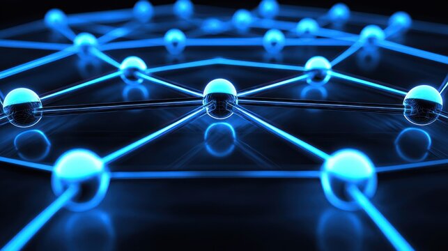 A blue and white abstract network design with glowing nodes and lines