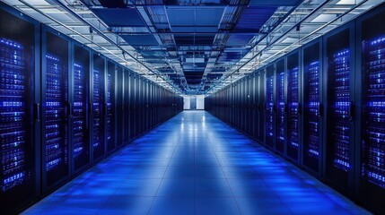 A long, narrow hallway with blue lights and rows of servers on both sides.