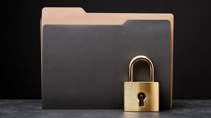 Naklejka premium A locked padlock secures a black folder, symbolizing safety and confidentiality in document management.