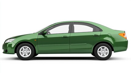 A green car parked on a white road with a green background.