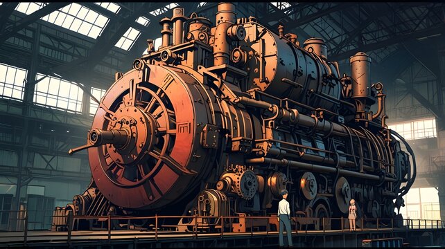 Symbol of the Industrial Revolution: A massive, dormant steam engine, crafted from dull cast iron, with enormous gears and sturdy pipes