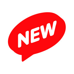 New product launch announcement vector graphic in red speech bubble for marketing use