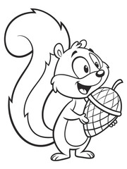 Obraz premium A cheerful cartoon squirrel holding a big acorn and wagging its fluffy tail. Very simple and cute black-and-white line drawing for children