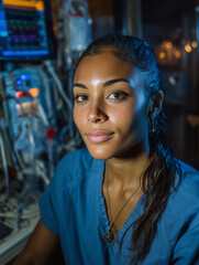Fototapeta premium Confident female medical professional in scrubs in hospital setting