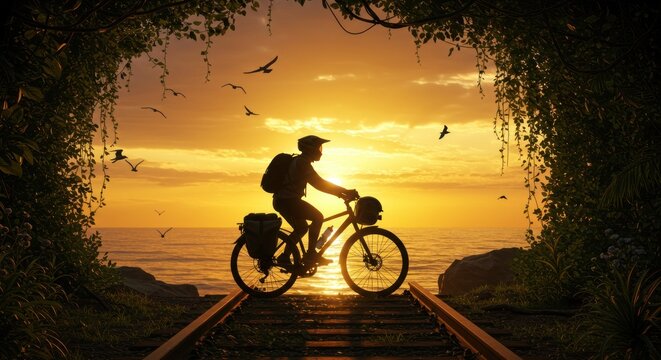 Sunset cyclist silhouette in the mountains: a man biking on an adventure - Powered by Adobe
