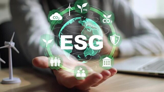 ESG Environmental Social Governance Concept Earth Globe Graphic on Open Hand, Sustainable Development and Corporate Responsibility