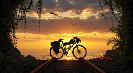 Fototapeta premium Sunset cyclist silhouette in the mountains: a man biking on an adventure