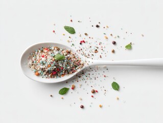 Colorful seasoning blend on a spoon with fresh mint leaves ready for culinary use