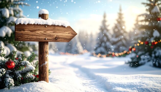 Wooden signpost in snowy forest