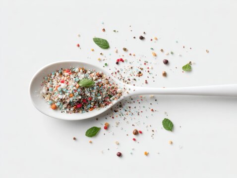 Colorful seasoning blend on a spoon with fresh mint leaves ready for culinary use