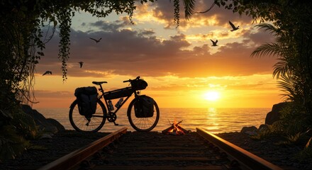 Sunset cyclist silhouette in the mountains: a man biking on an adventure