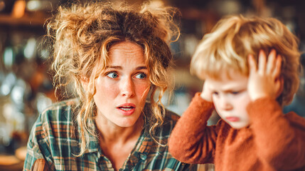Mother looking surprised while her son is covering his ears