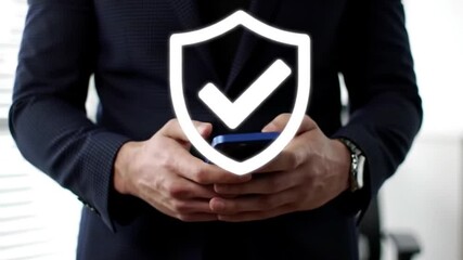 Mobile Security App Man Holding Smartphone with Shield Checkmark Icon Overlay for Secure Transactions Data Protection - Powered by Adobe