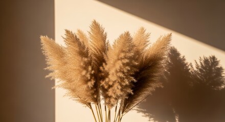 Pampas grass with shadow on the wall in a warm tone light