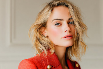 Portrait en intérieur d'une femme blonde et élégante