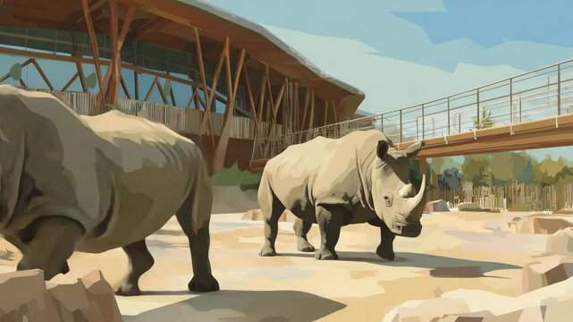 Two rhinos lying in a sandy enclosure while zookeepers clean nearby