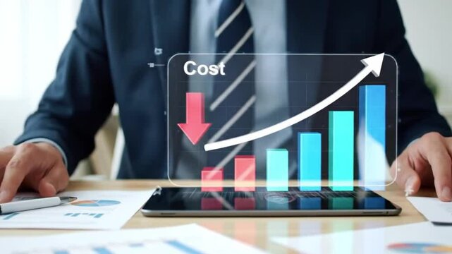 Cost Reduction Profit Growth Businessman Analyzing Financial Data on Tablet with Animated Graph