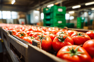 Carton de tomates fraiches sur le tapis roulant du producteur