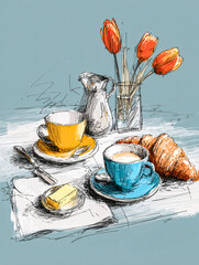 Petit déjeuner avec croissant et fleurs