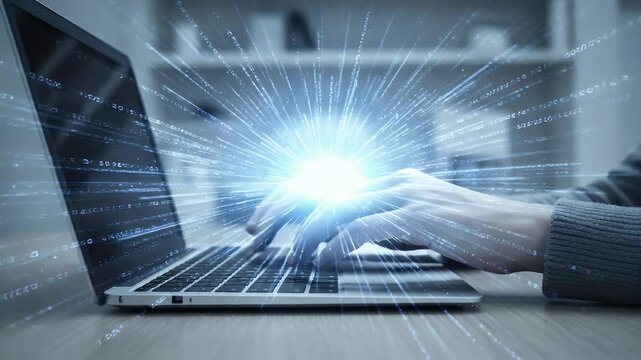 Hands typing on laptop with digital effect, binary code and light rays bursting outward