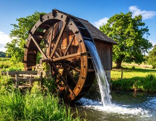 Wooden watermill by a stream