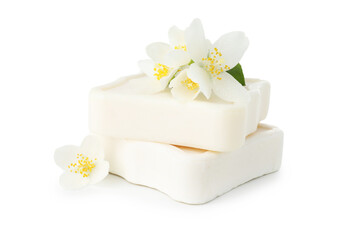 Soap bars and jasmine flowers isolated on white
