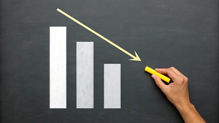 Hand drawing a downward trend arrow over a bar chart on a blackboard