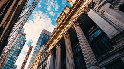 A historic building with ornate columns and a clock tower, set against a blue sky with white clouds.