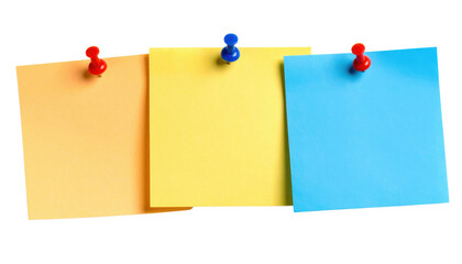 Three colorful sticky notes pinned with push pins in orange, yellow, and blue colors arranged side by side.