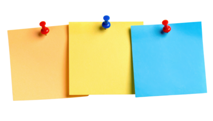 Three colorful sticky notes pinned with push pins in orange, yellow, and blue colors arranged side by side.