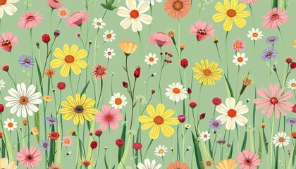 Abstract seamless pattern of charming hand-drawn meadow flowers; stylish natural background,  daisy,  botanical