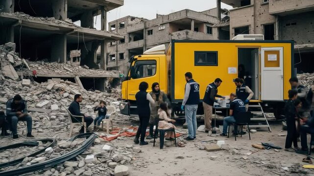 Humanitarian Aid Efforts in a War-Torn Area with Community Members and Volunteers in Focus