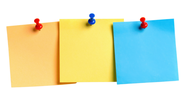 Three colorful sticky notes pinned with push pins in orange, yellow, and blue colors arranged side by side.