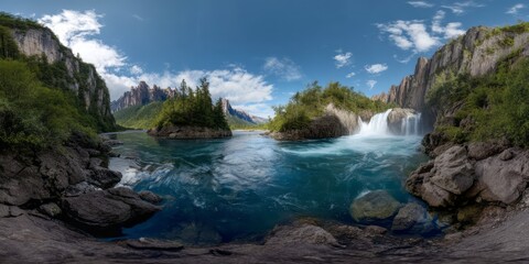 360 degrees panoramic view of nature waterfall rocky landscape hdr environment