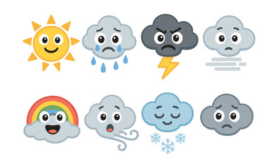 Obraz premium Cute weather icons: sun, rain, storm, fog, rainbow, wind, snow