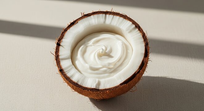 Coconut with cream filling on a bright surface in sunlight