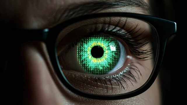 Close up eye looking coding prompt with green iris and wearing black glasses