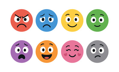 Variety of emoji faces expressing diverse emotions in colorful circles