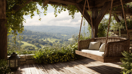 Vintage-style wooden veranda featuring a wicker porch swing, facing serene green landscape at golden hour, peaceful rural vibe, real photo, stock photography