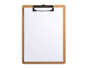 A plain clipboard with a blank white sheet of paper securely held by a metal clip.