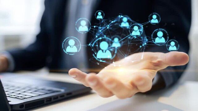 HR Technology Man Holds Holographic Network of Employee Avatars. Human Resources Concept